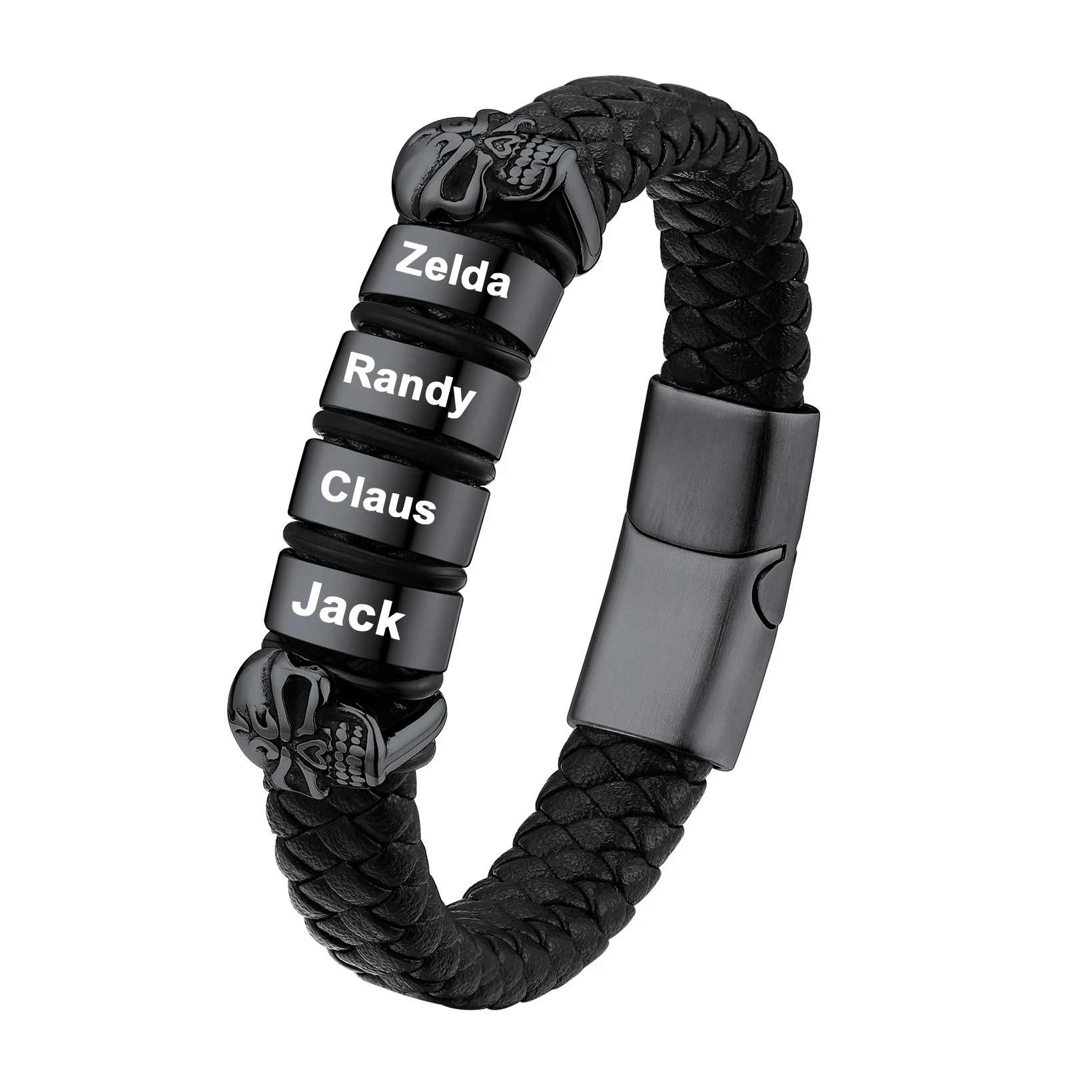 Custom Engravable Name Skull Beaded Leather Bracelet For Him