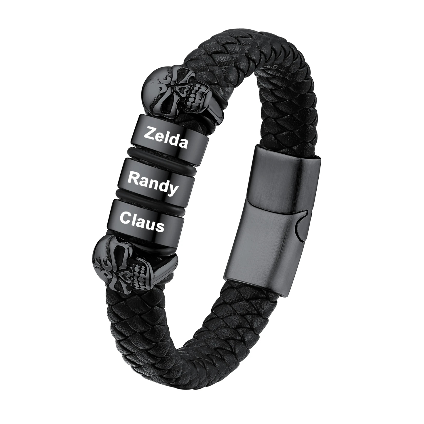 Custom Engravable Name Skull Beaded Leather Bracelet For Him