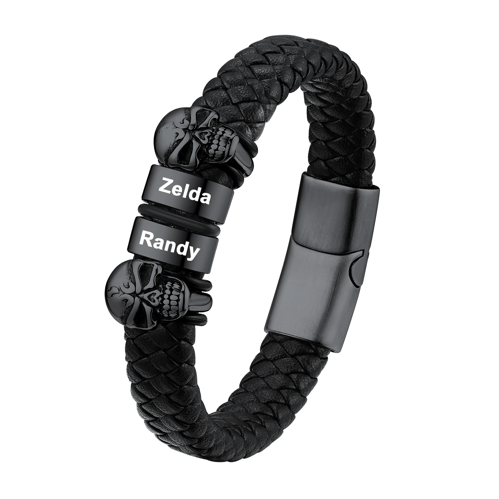 Custom Engravable Name Skull Beaded Leather Bracelet For Him