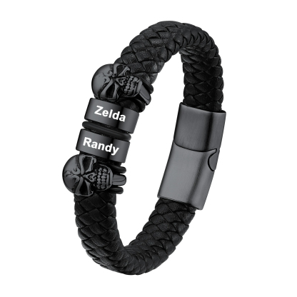 Custom Engravable Name Skull Beaded Leather Bracelet For Him