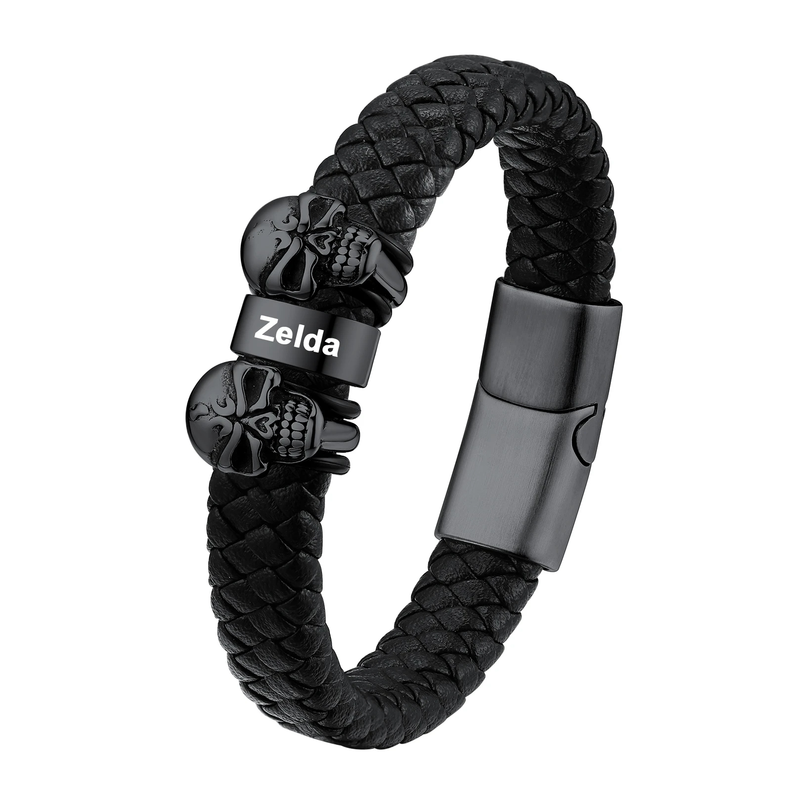 Custom Engravable Name Skull Beaded Leather Bracelet For Him