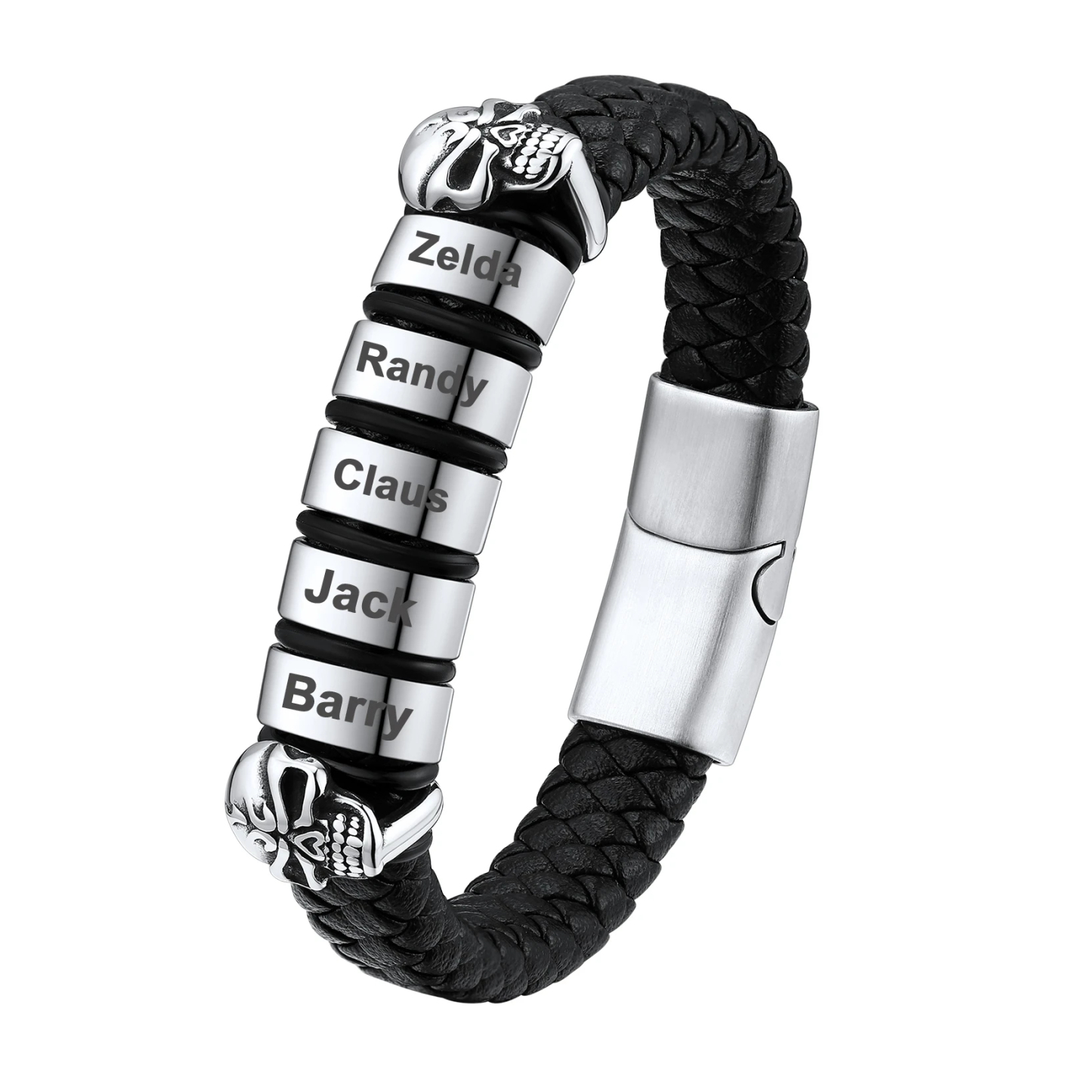 Custom Engravable Name Skull Beaded Leather Bracelet For Him