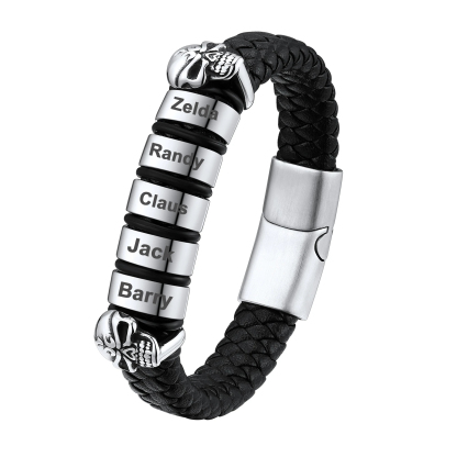 Custom Engravable Name Skull Beaded Leather Bracelet For Him