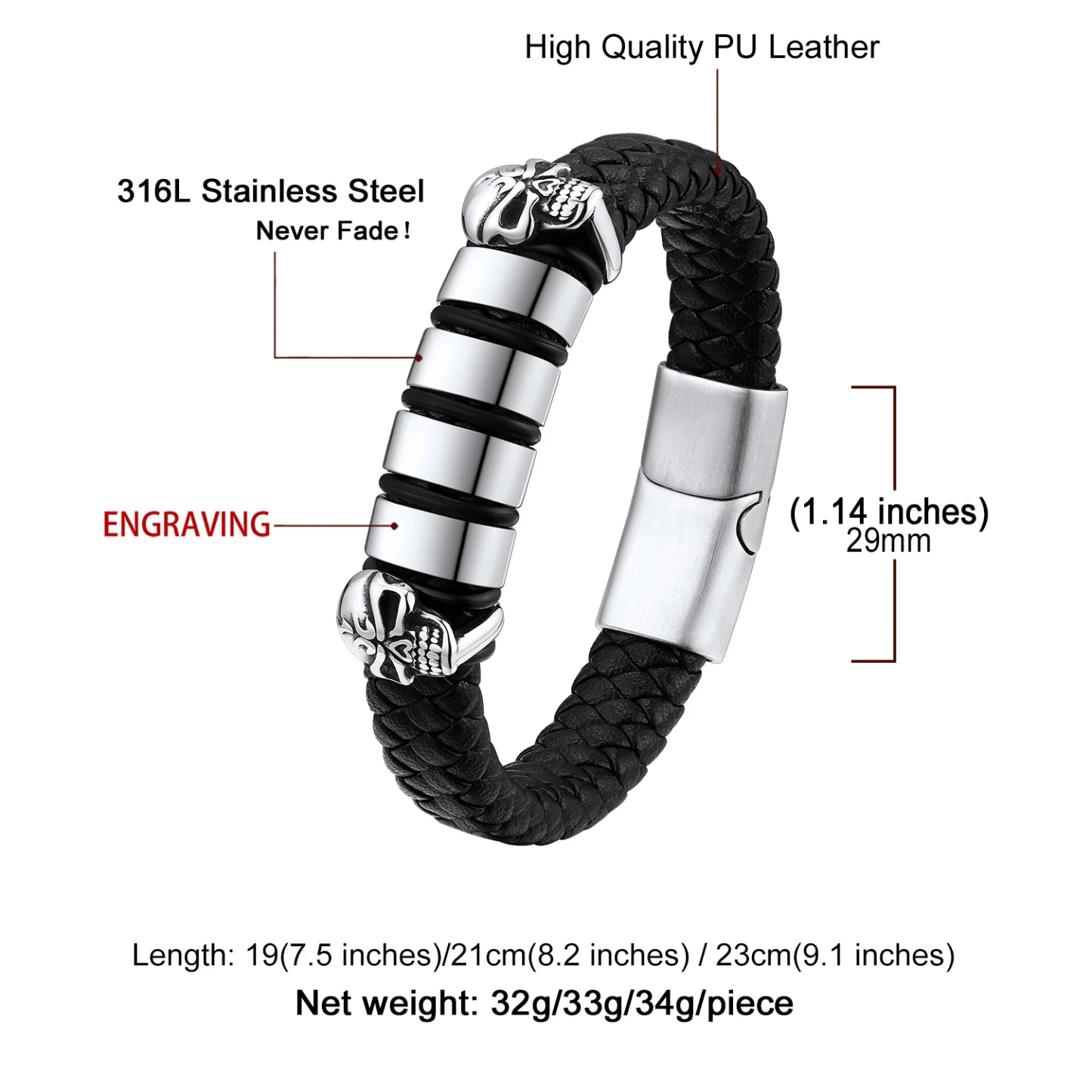 Custom Engravable Name Skull Beaded Leather Bracelet For Him