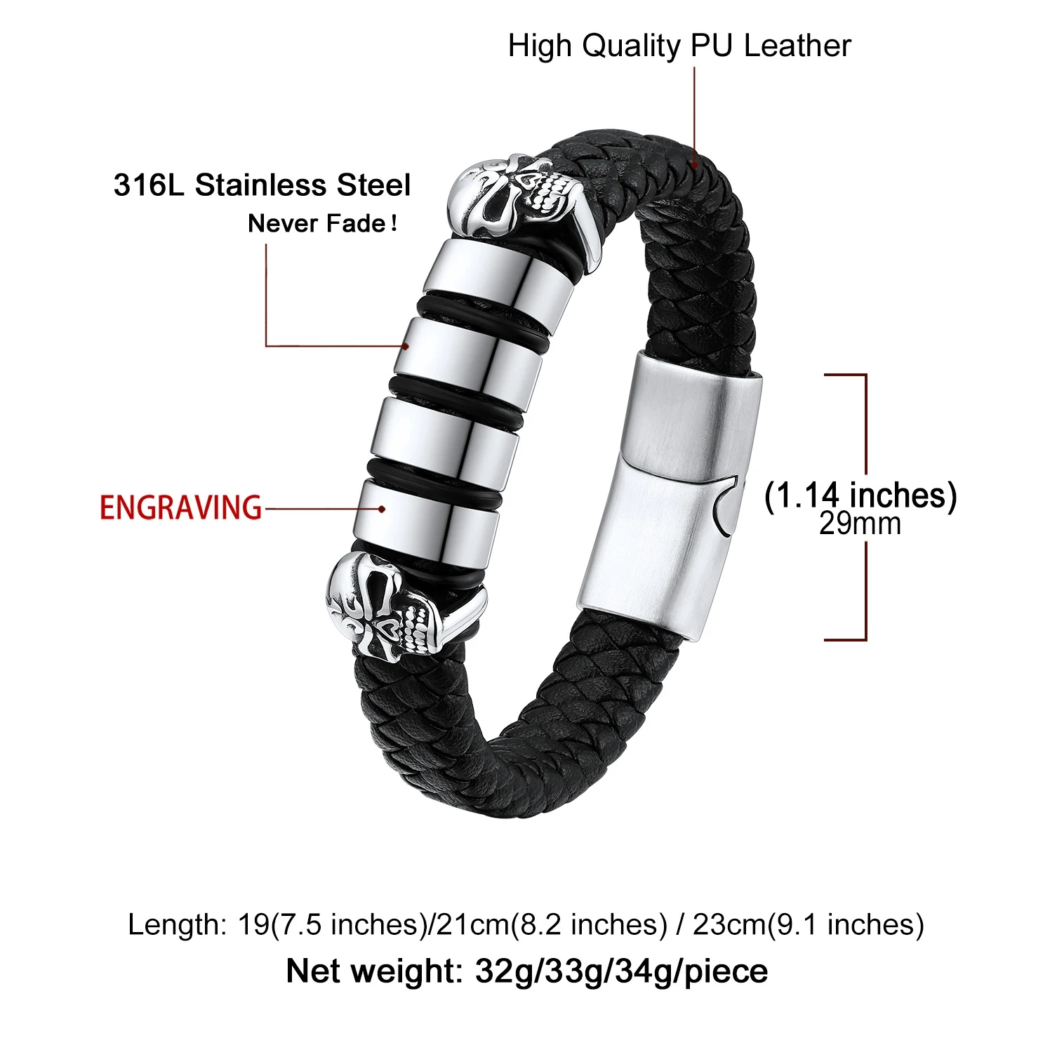 Custom Engravable Name Skull Beaded Leather Bracelet For Him