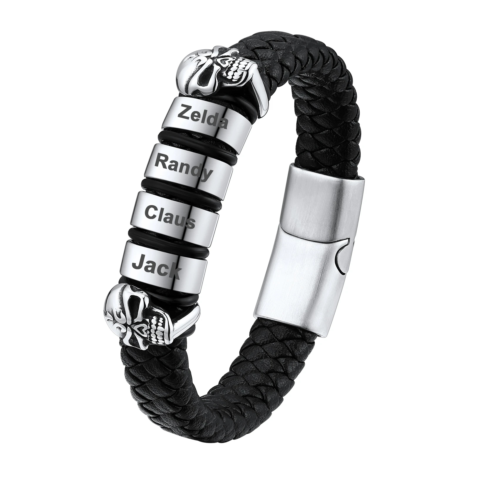 Custom Engravable Name Skull Beaded Leather Bracelet For Him