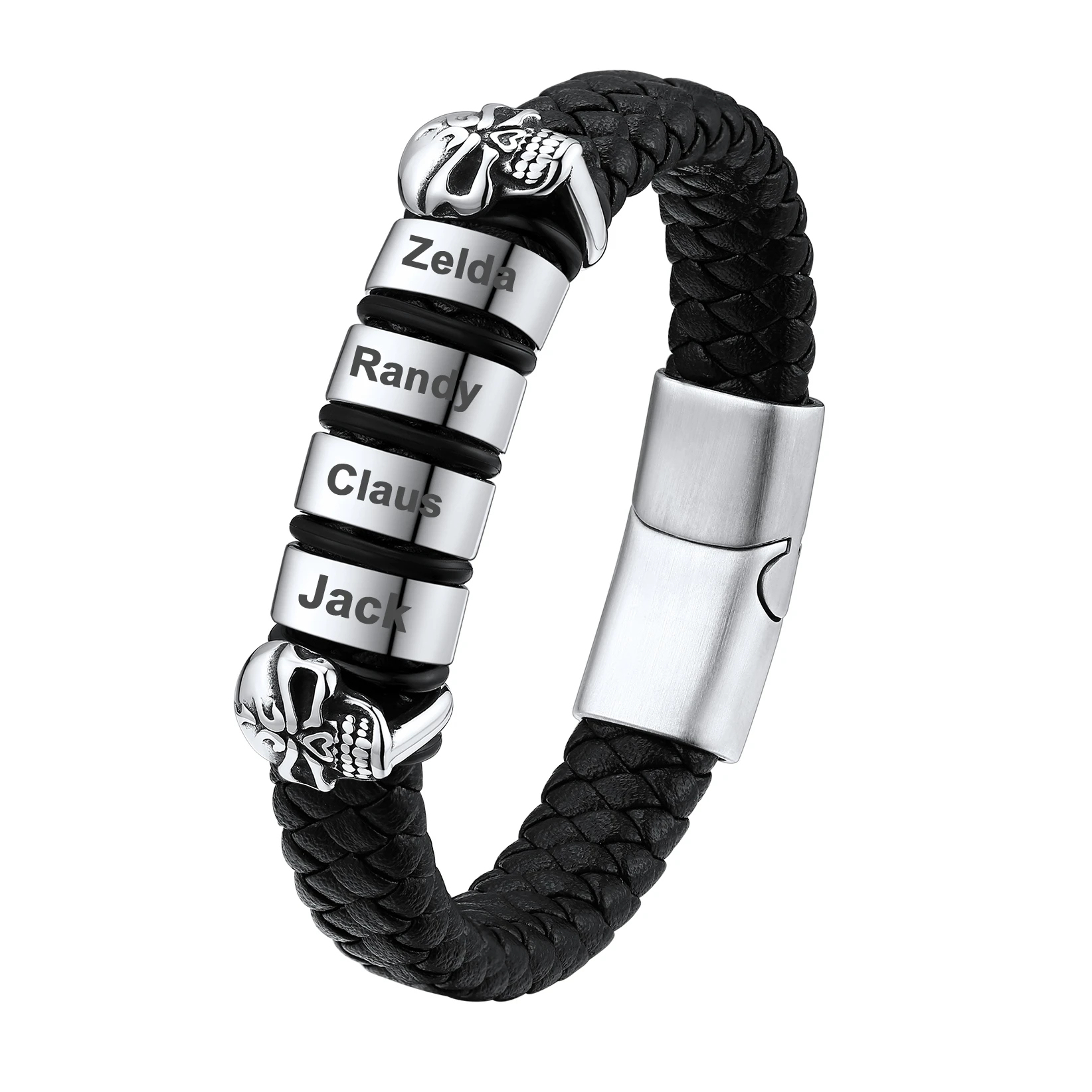 Custom Engravable Name Skull Beaded Leather Bracelet For Him