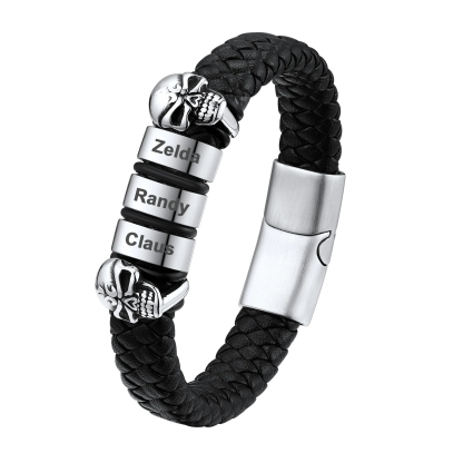 Custom Engravable Name Skull Beaded Leather Bracelet For Him