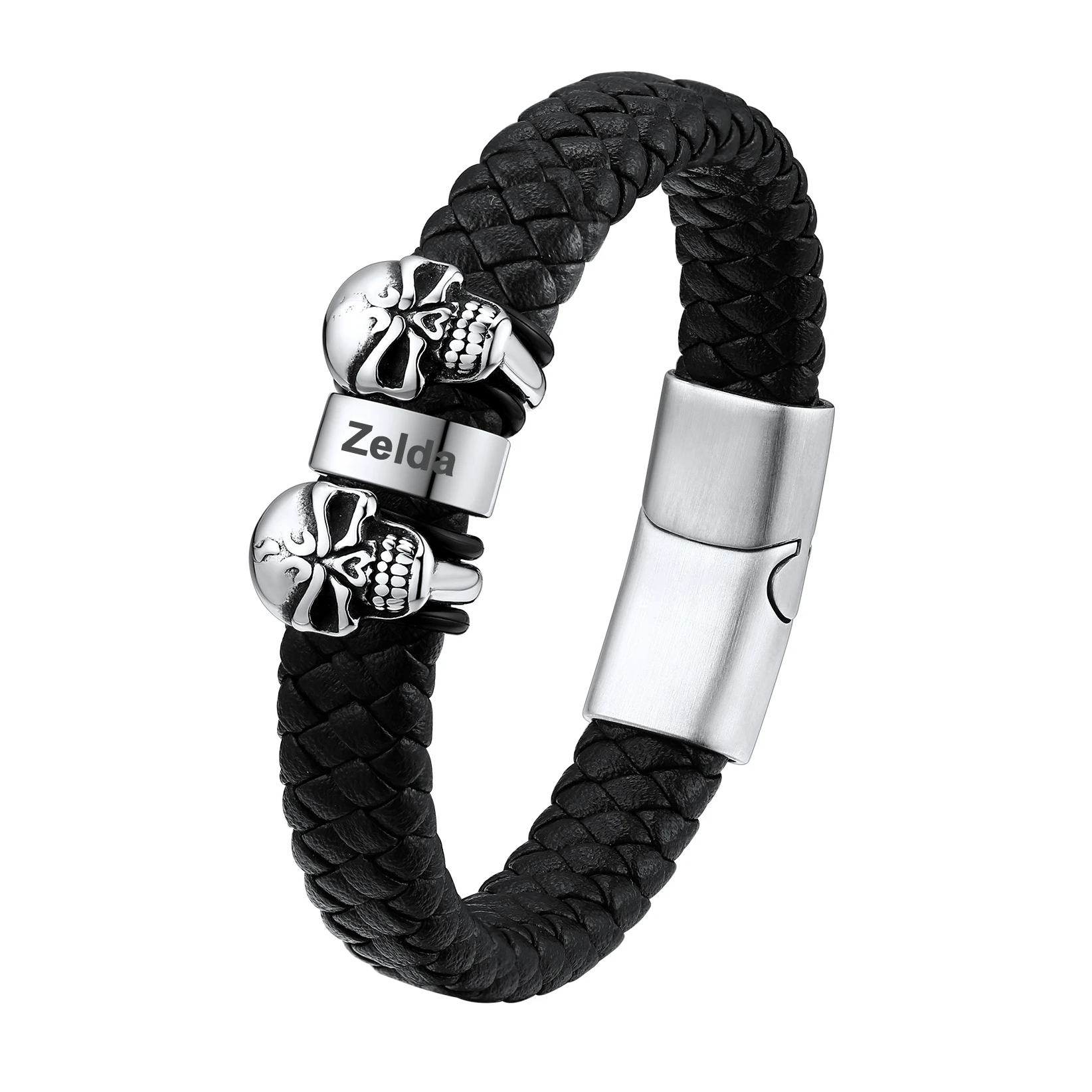 Custom Skull Beaded Bracelet, Engravable Black Leather Band, Gift for Him