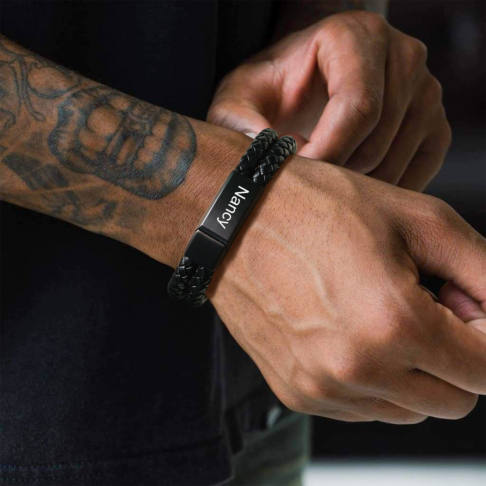 Custom Engraved Rope Leather Bracelet for Men