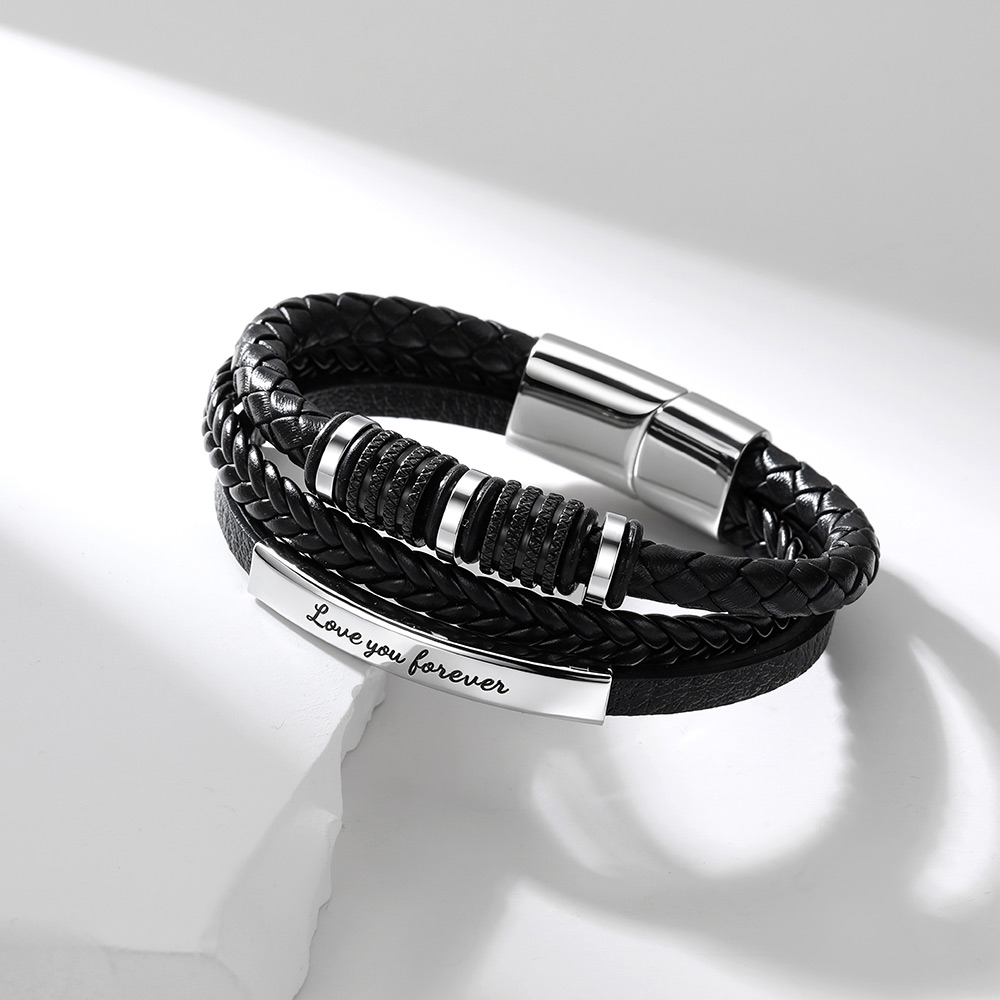 Custom Engraving Love You Forever Leather Bracelet for Him