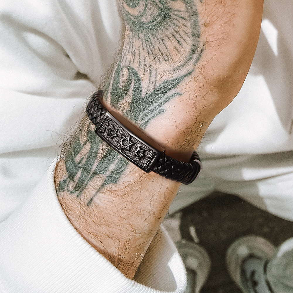 Custom Engraving Star of David Cuff Bracelet Leather For Men