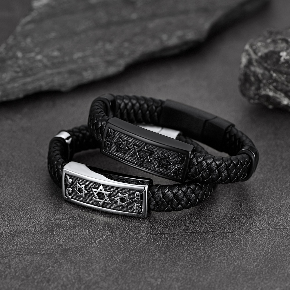 Custom Engraving Star of David Cuff Bracelet Leather For Men