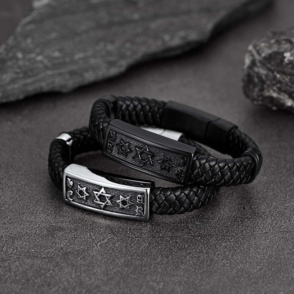 Custom Engraving Star of David Cuff Bracelet Leather For Men