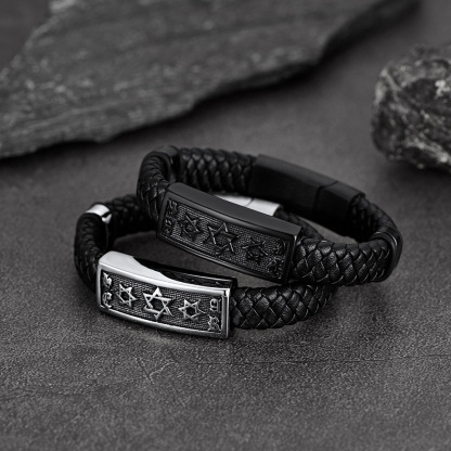 Custom Engraving Star of David Cuff Bracelet Leather For Men