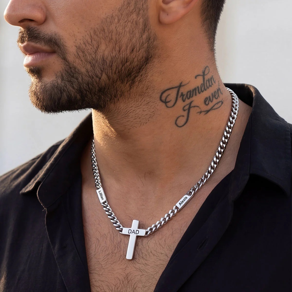 Custom Name Chain Necklace With Cross Pendant Silver - men wearing effect - 2 names