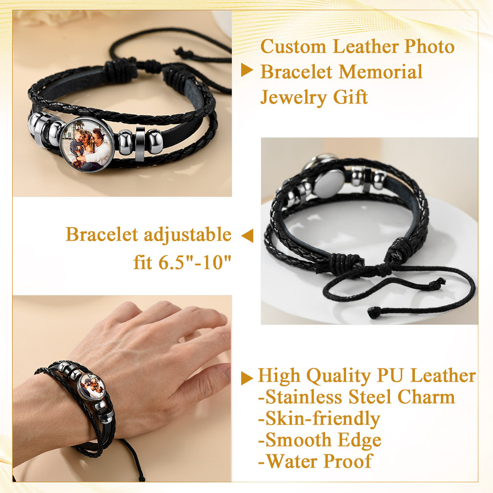 Custom Photo Leather Bracelet For Dad & Him