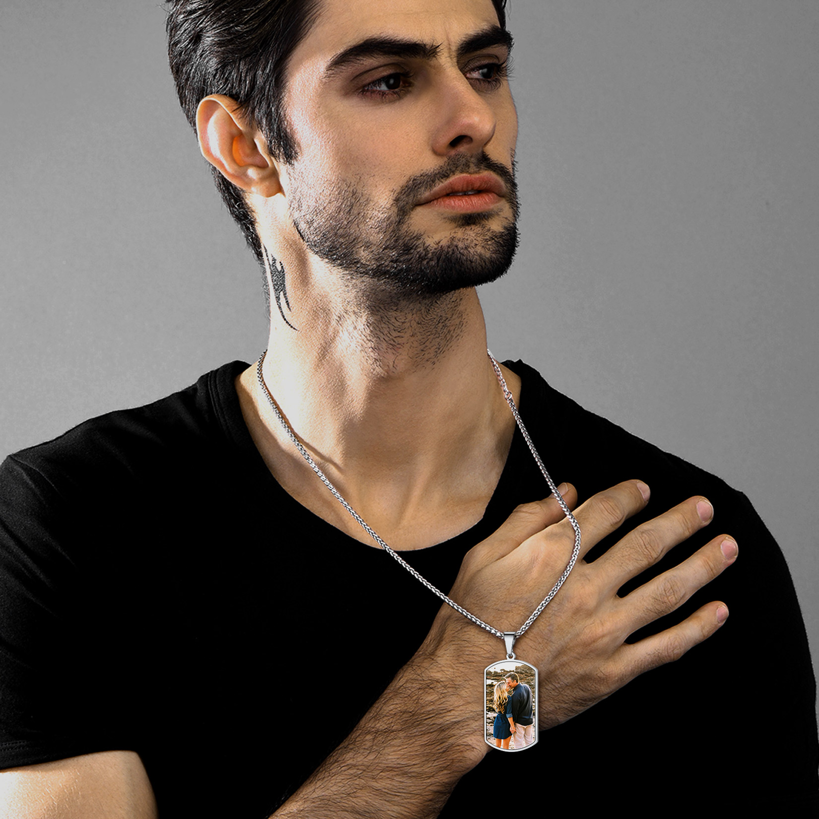 Custom Photo Stainless Steel Dog Tag Necklace with 3mm Curb Chain