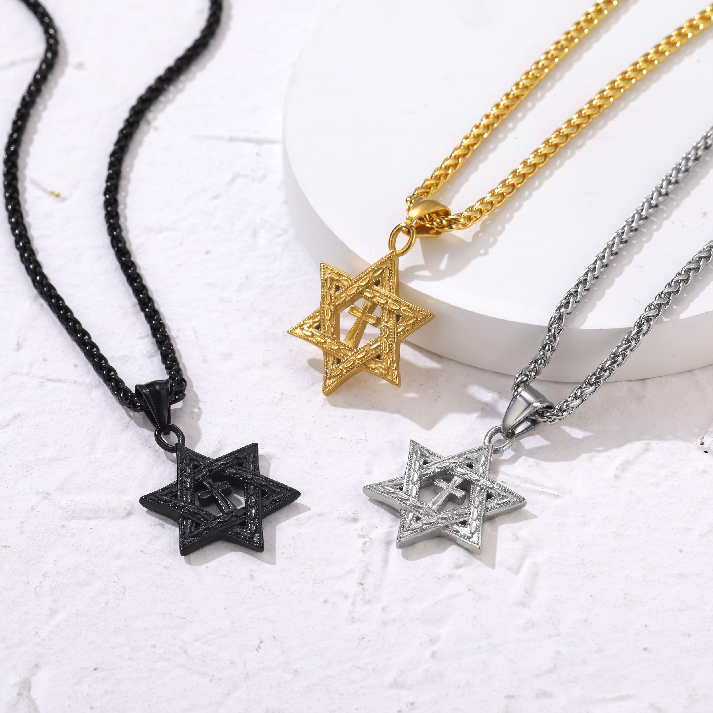 Stainless Steel Star of David Cross Pendant Necklace for Men Women