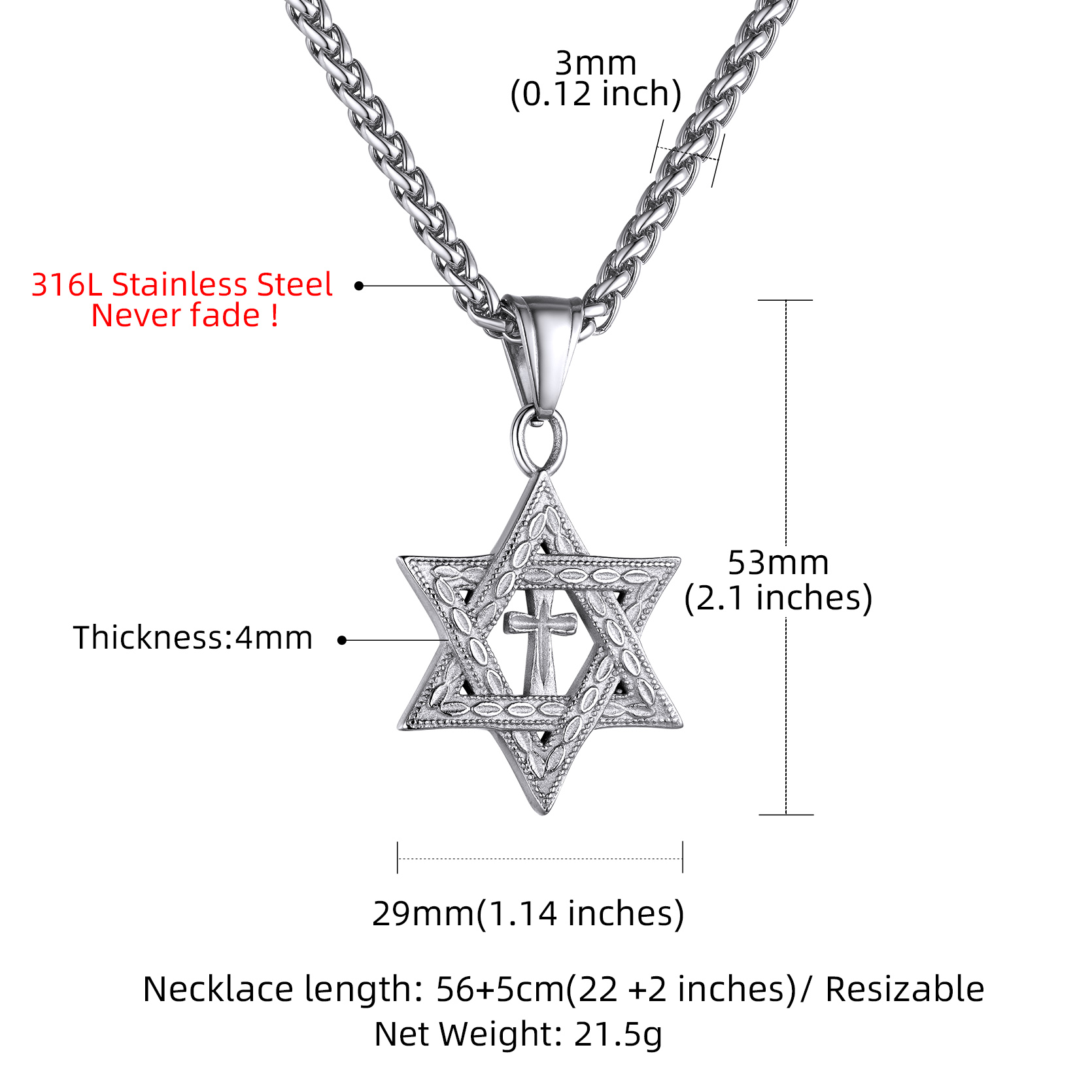 Stainless Steel Star of David Cross Pendant Necklace for Men Women