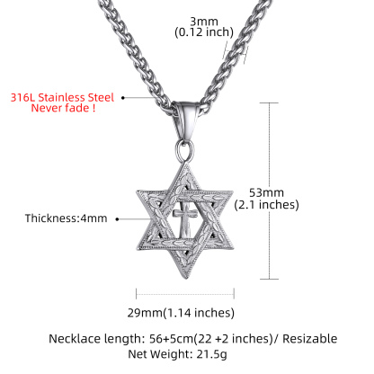 Stainless Steel Star of David Cross Pendant Necklace for Men Women