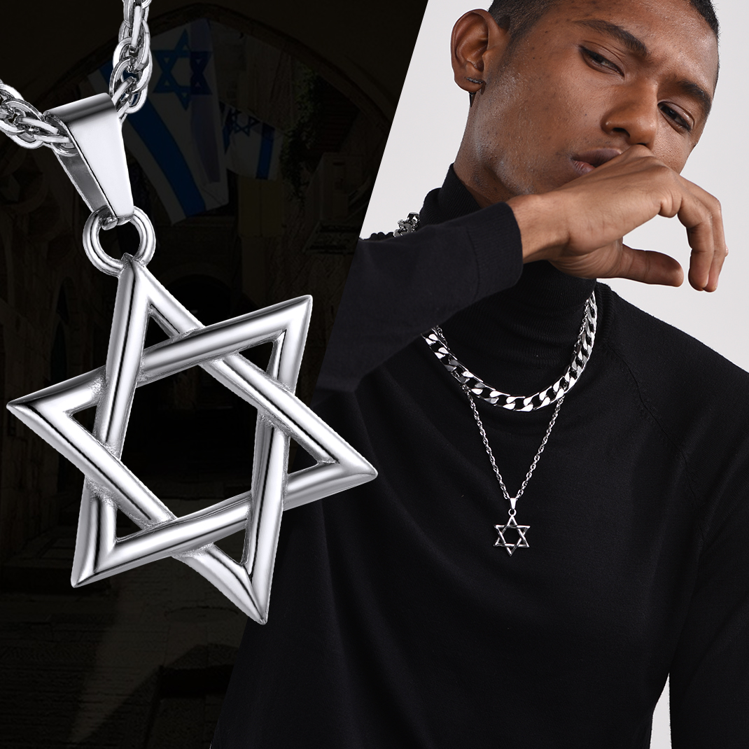 Stainless Steel Star of David Necklace with Wave Chain for Men Women