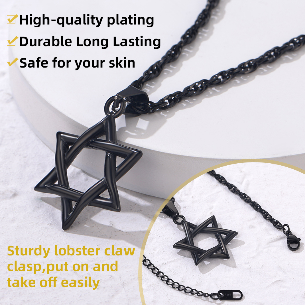 Stainless Steel Star of David Necklace with Wave Chain for Men Women