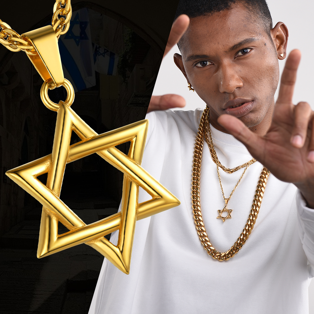 Stainless Steel Star of David Necklace with Wave Chain for Men Women