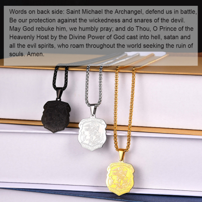 Saint Michael pendant necklaces in black steel and gold