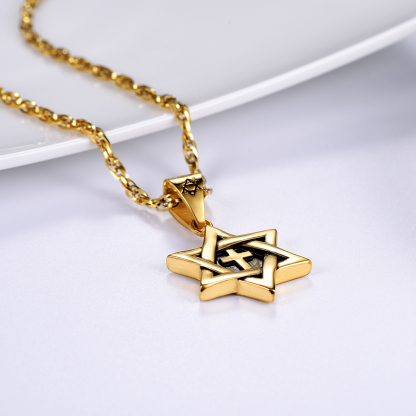 Stainless Steel Star of David Cross Pendant Wave Chain for Men Women