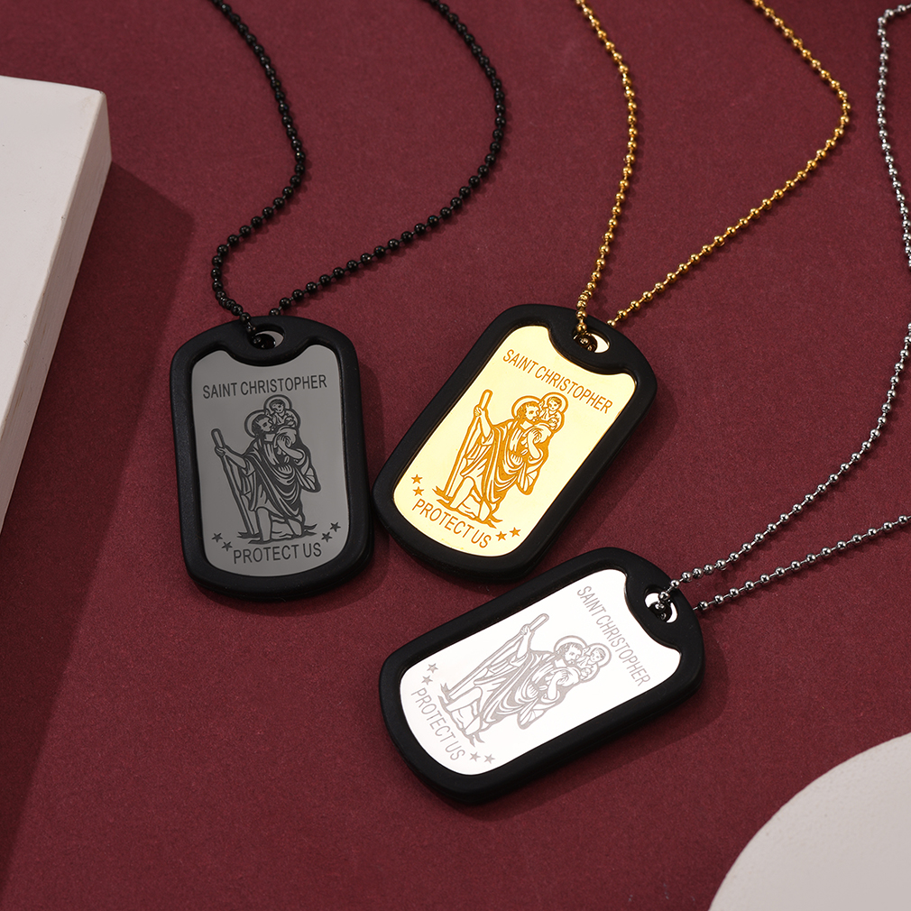 Custom Engraved  St Christopher Pendant Dog Tag Necklace For Men