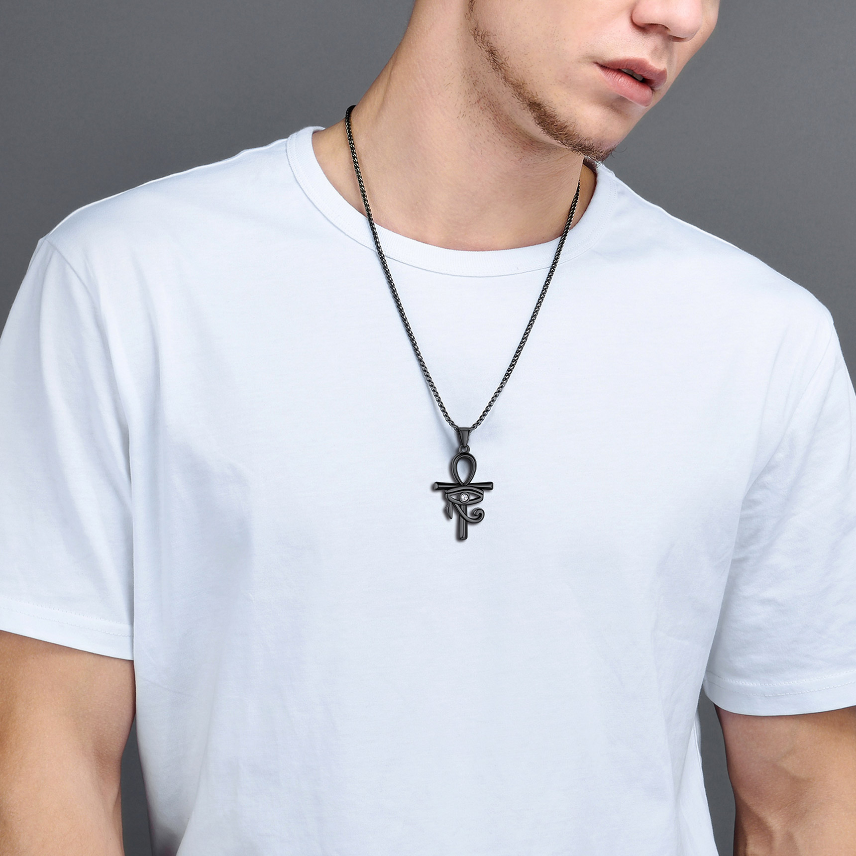 Eye Of Horus Ankh Cross Pendant Necklace With Rope Chain Black - model effect