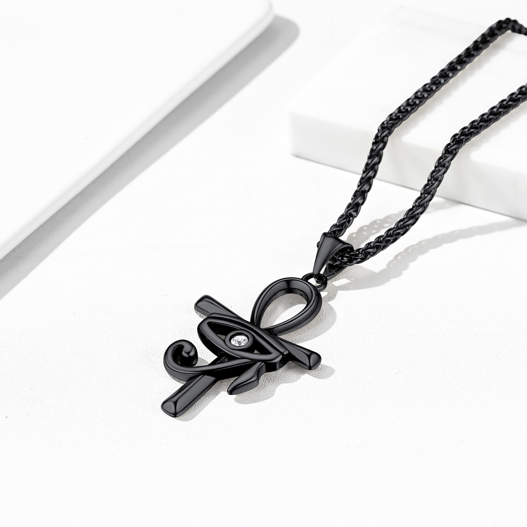 Eye Of Horus Ankh Cross Pendant Necklace With Rope Chain Black - product detail(1)