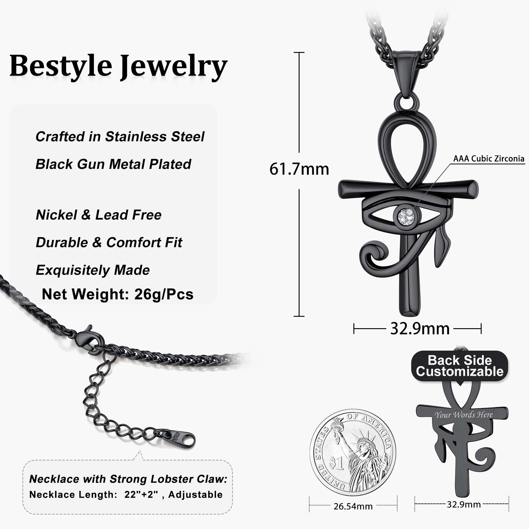 Eye Of Horus Ankh Cross Pendant Necklace With Rope Chain Black - product size