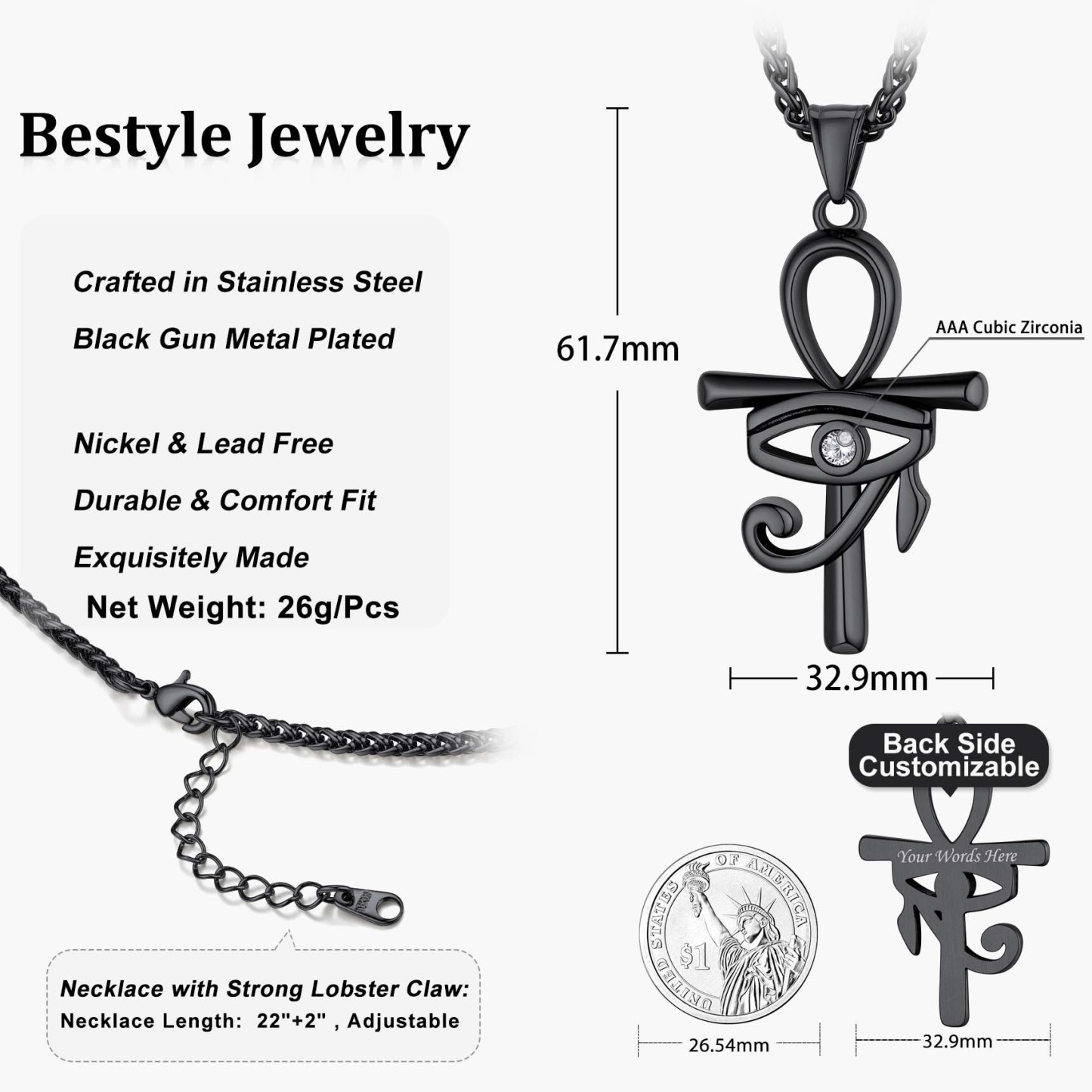 Eye Of Horus Ankh Cross Pendant Necklace With Rope Chain Black - product size