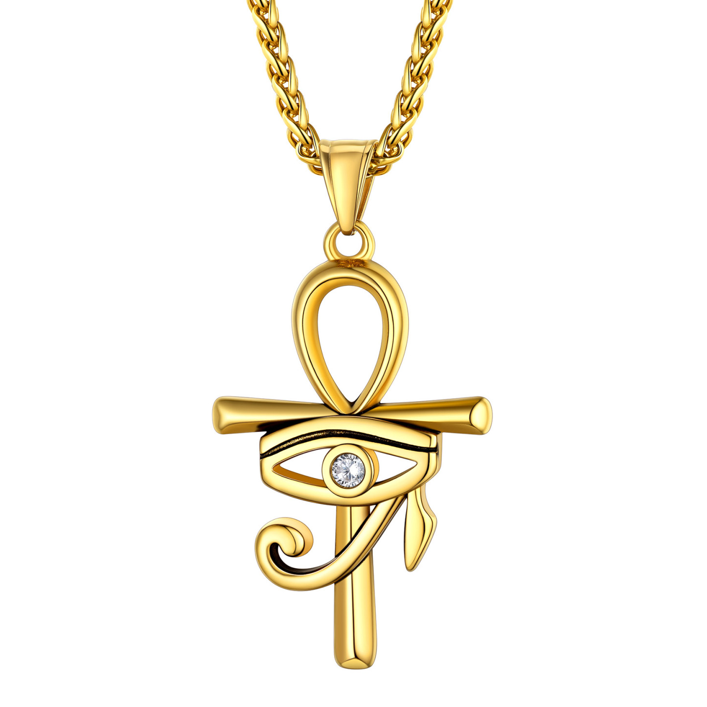 Eye Of Horus Ankh Cross Pendant Necklace With Rope Chain Gold - main image