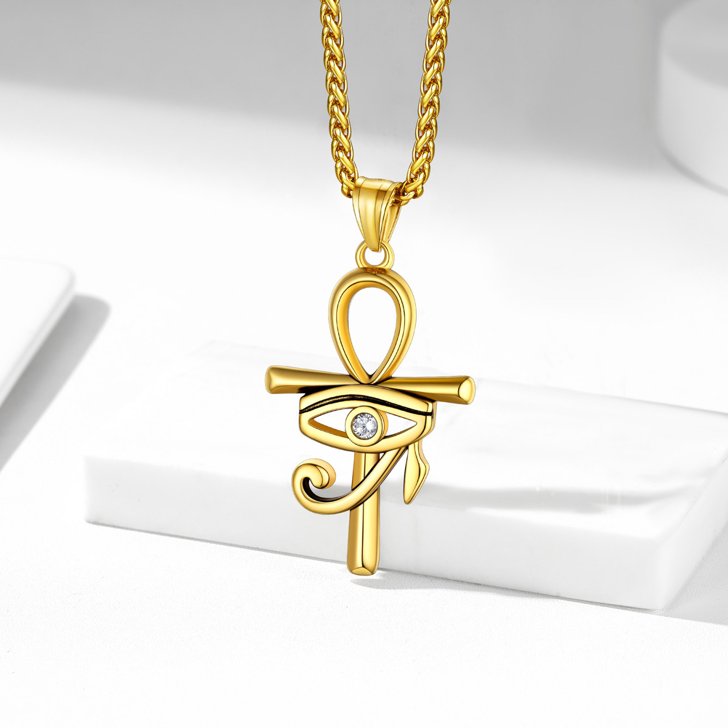 Eye Of Horus Ankh Cross Pendant Necklace With Rope Chain Gold - product detail