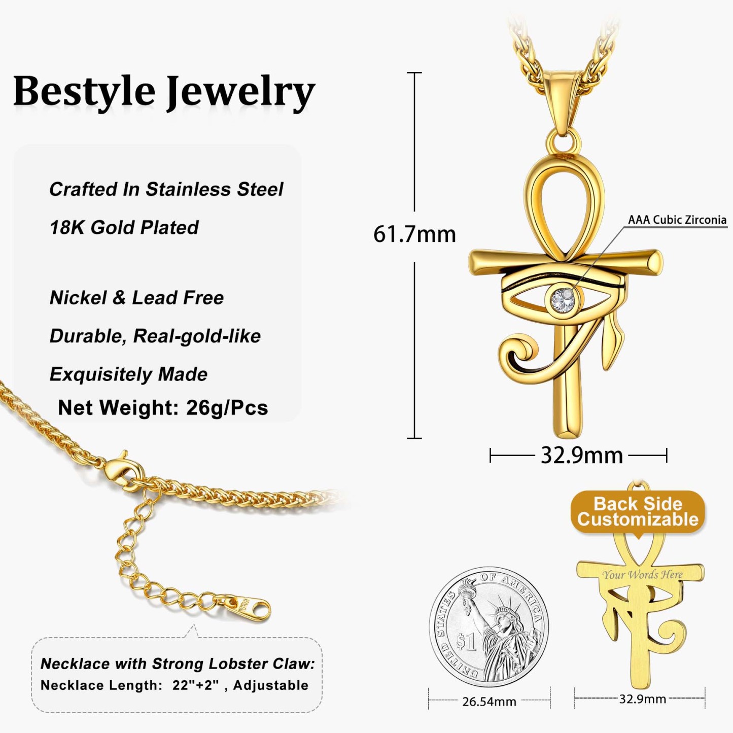 Eye Of Horus Ankh Cross Pendant Necklace With Rope Chain Gold - product size