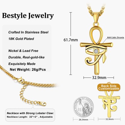 Eye Of Horus Ankh Cross Pendant Necklace With Rope Chain Gold - product size