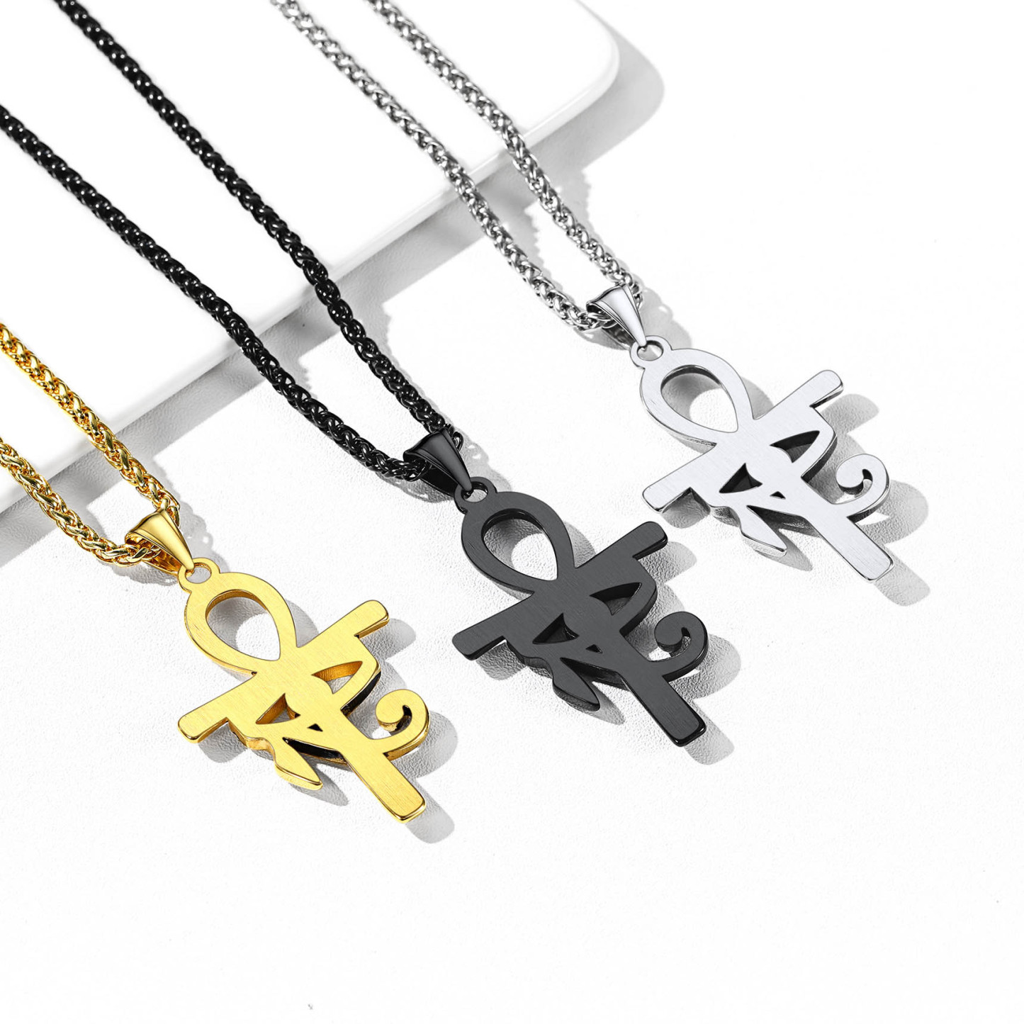 Eye Of Horus Ankh Cross Pendant Necklace With Rope Chain Silver Black Gold Collection