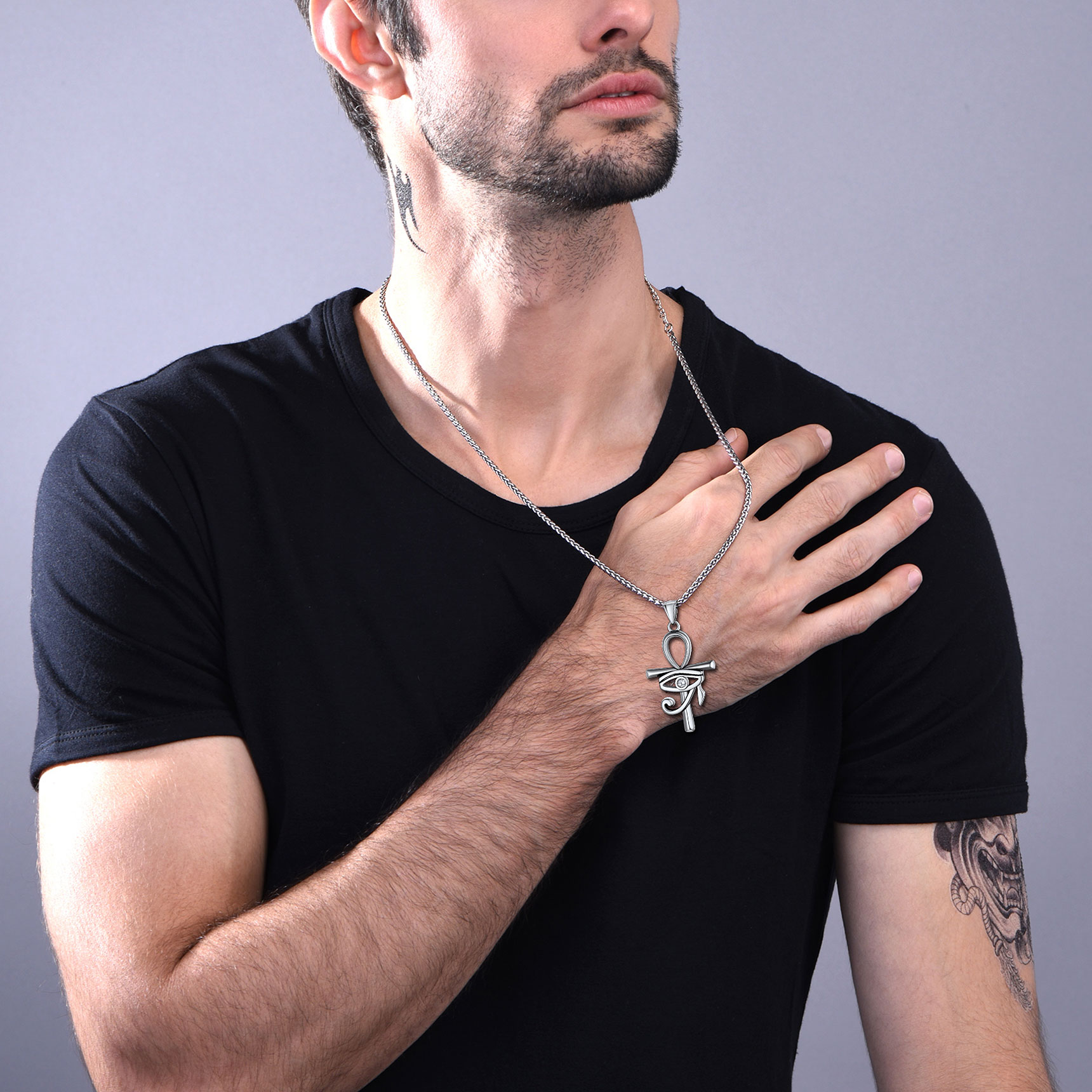 Eye Of Horus Ankh Cross Pendant Necklace With Rope Chain Silver - model effect