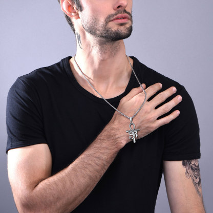 Eye Of Horus Ankh Cross Pendant Necklace With Rope Chain Silver - model effect