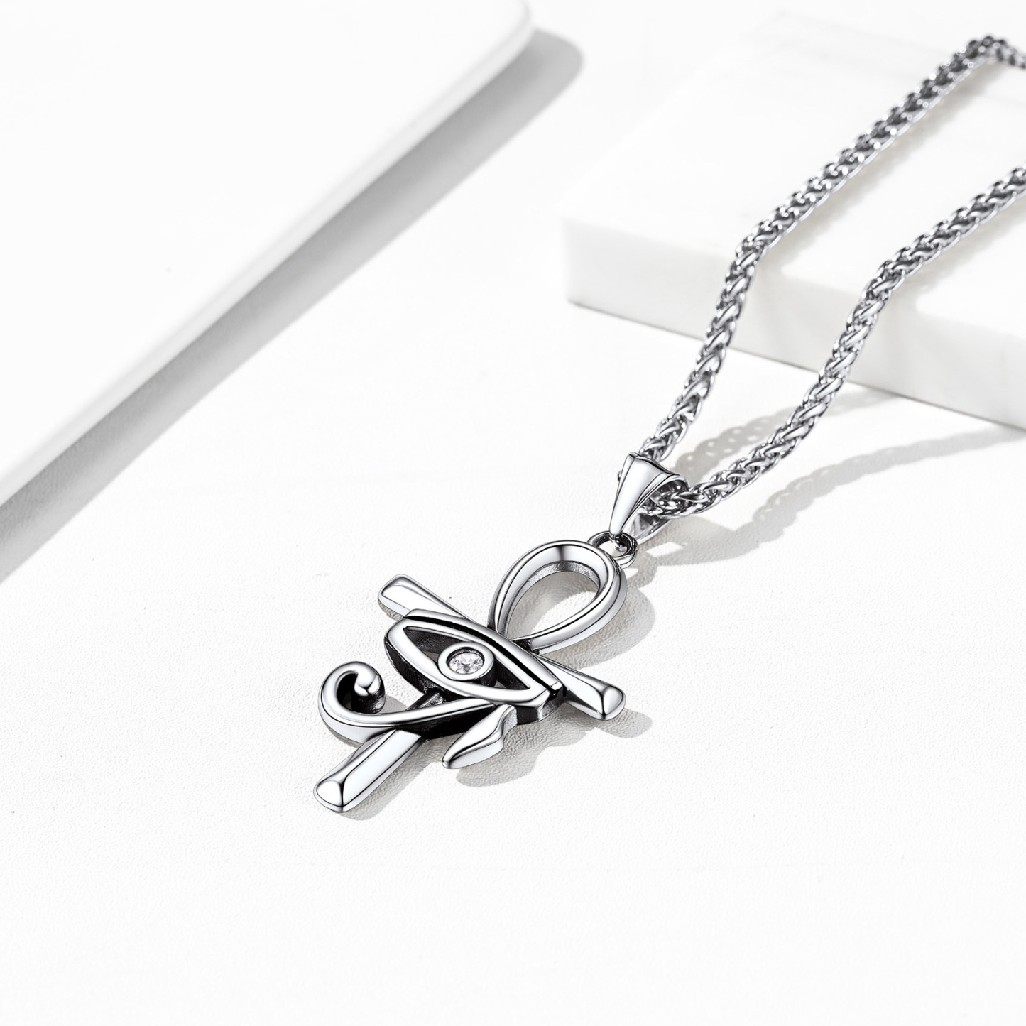 Eye Of Horus Ankh Cross Pendant Necklace With Rope Chain Silver - product detail(1)