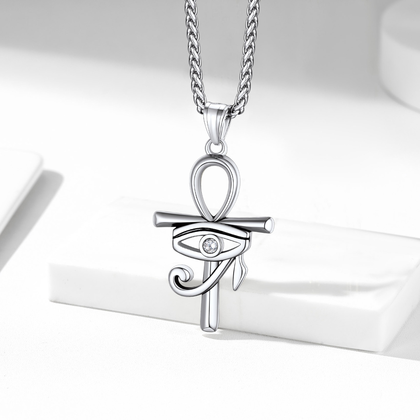 Eye Of Horus Ankh Cross Pendant Necklace With Rope Chain Silver - product detail