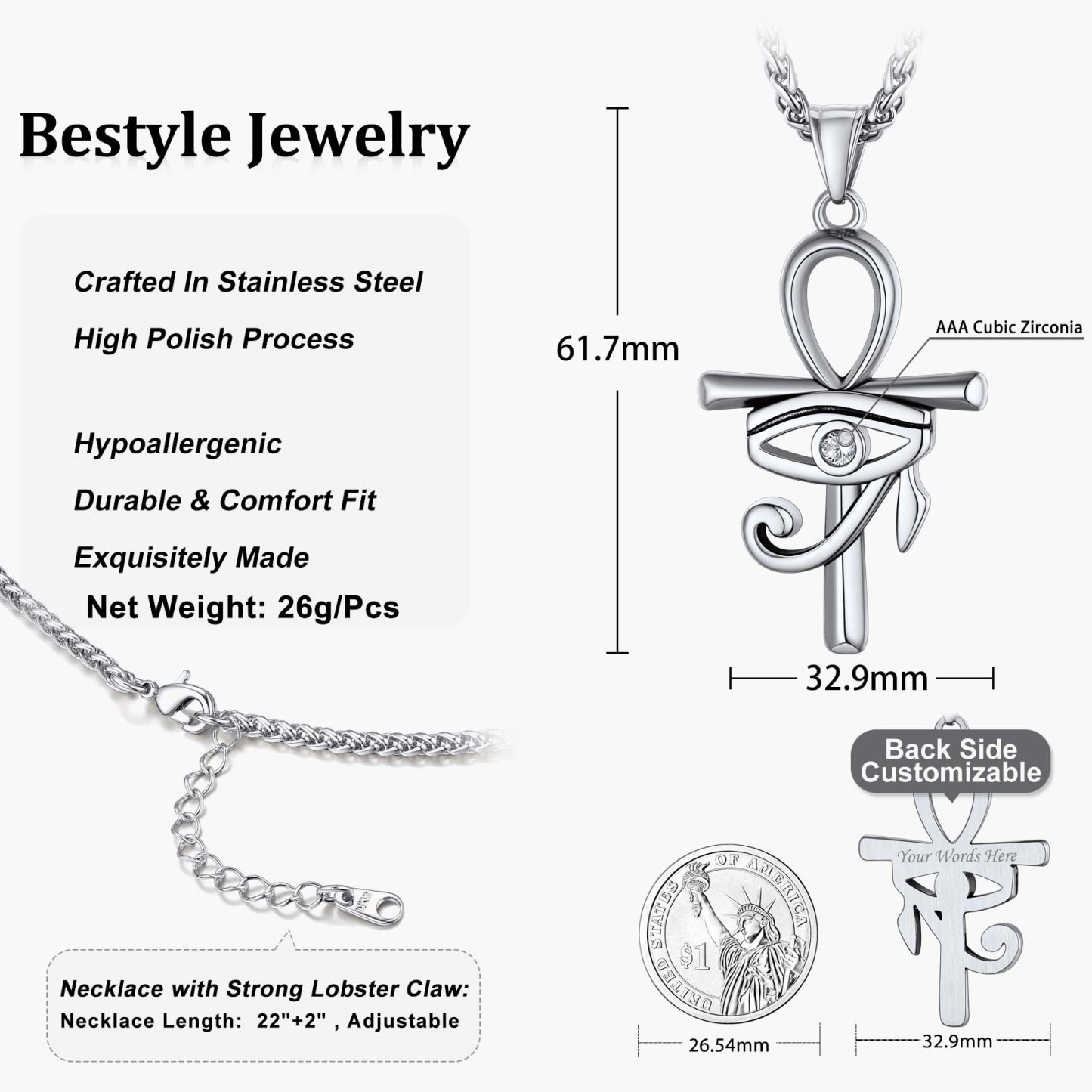 Eye Of Horus Ankh Cross Pendant Necklace With Rope Chain Silver - product size