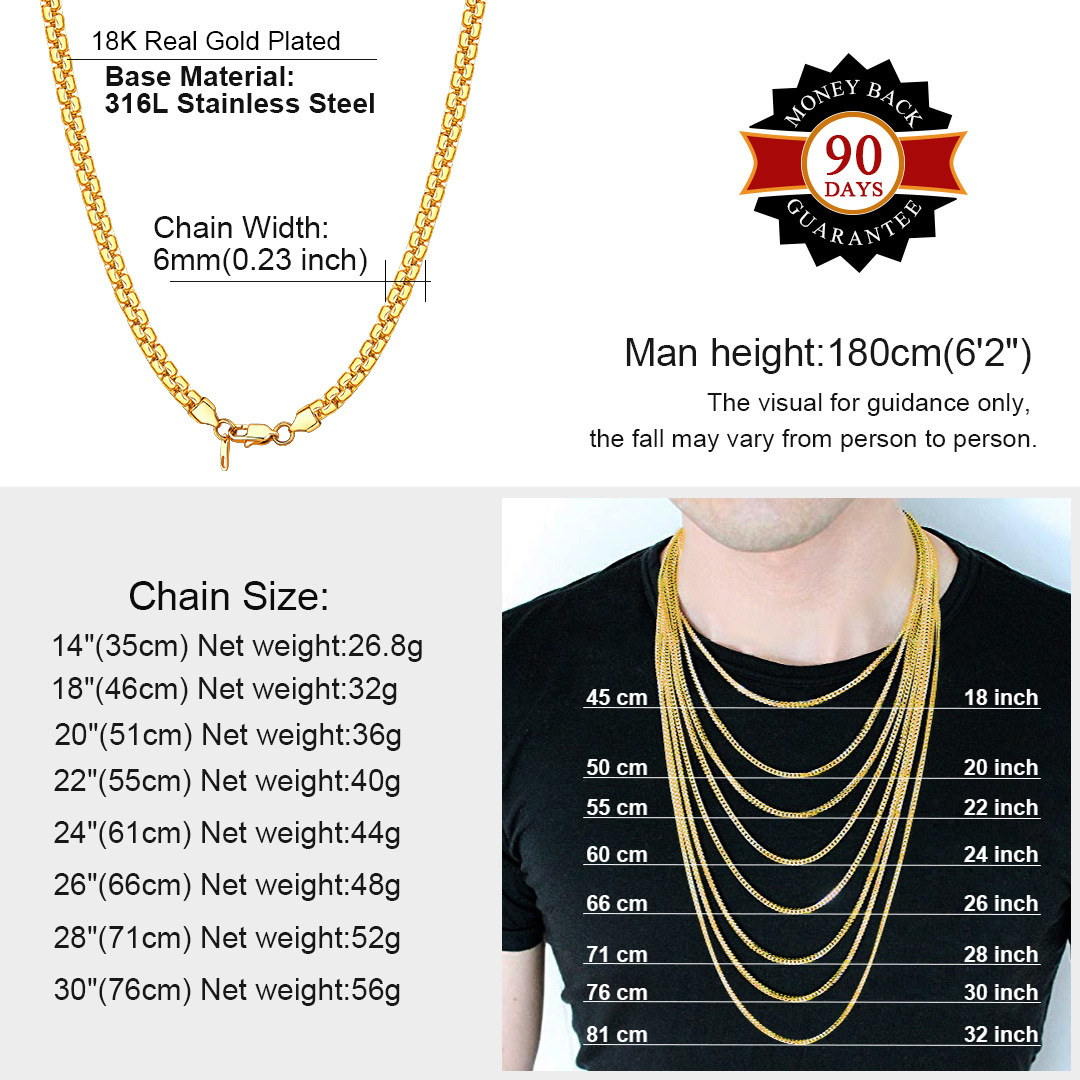 6mm Flat Box Chain Necklace for Men Size