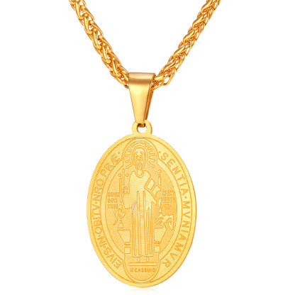Gold St Benedict Medal Pendant Stainless Steel Chain Close-up View