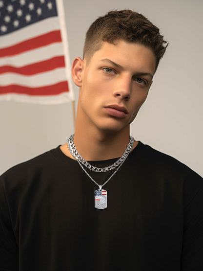 Engraved Zircon American Flag Eagle Pendant Dog Tag for Men
