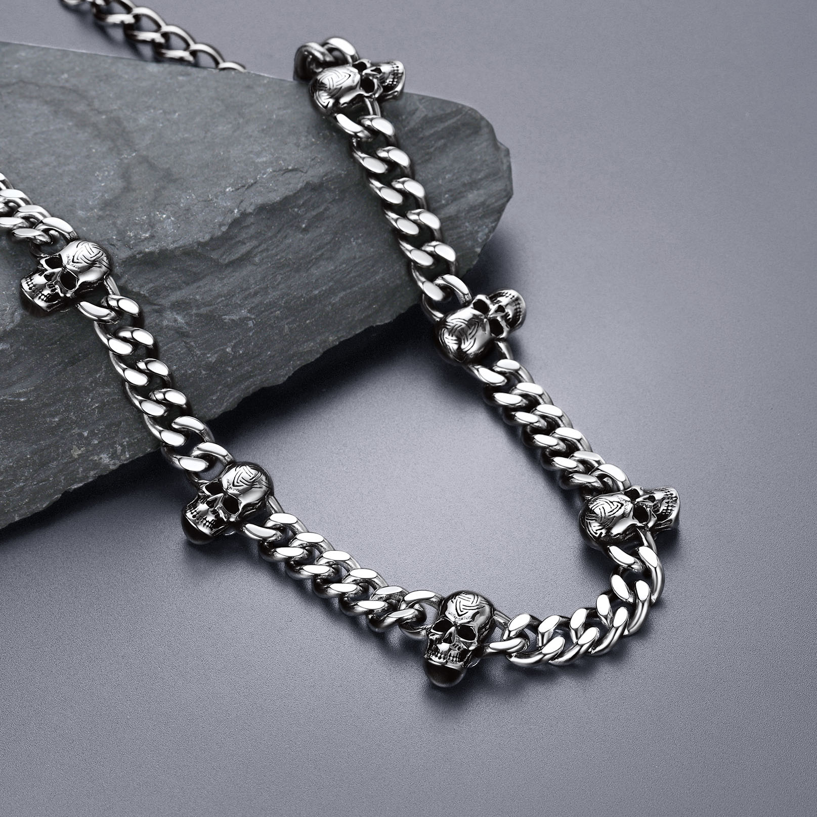 Gothic Skull Cuban Chain Necklace, Stainless Steel