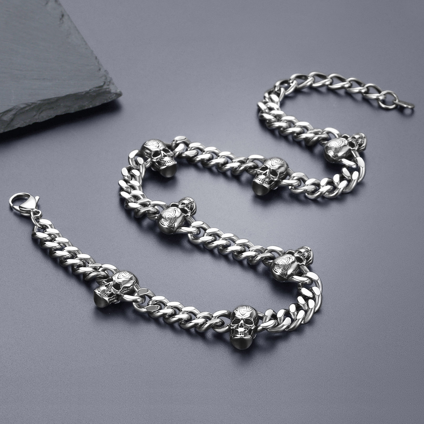 Gothic Skull Cuban Chain Necklace, Stainless Steel